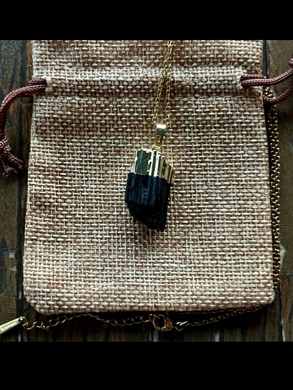 Brand New Raw Black Tourmaline Pendant with Gold plated Stainless Steel Chain